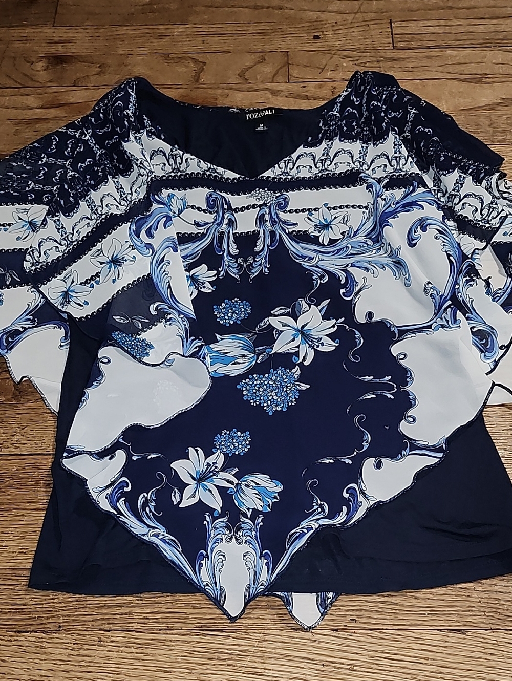 Roz & Ali Navy White Blue Floral-Print Handkerchief Hem Tunic